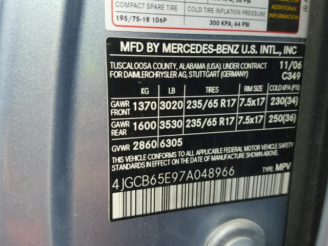 4JGCB65E97A048966 - 2007 MERCEDES-BENZ R 350 BLUE photo 10