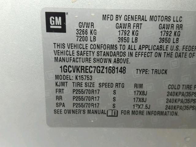 1GCVKREC7GZ168148 - 2016 CHEVROLET SILVERADO SILVER photo 10