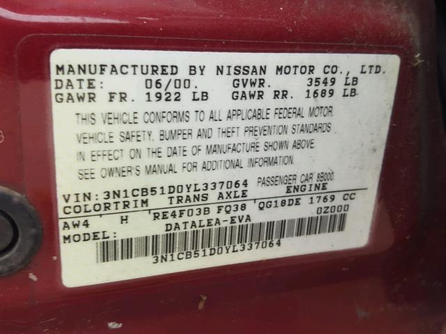 3N1CB51D0YL337064 - 2000 NISSAN SENTRA BAS BURGUNDY photo 10