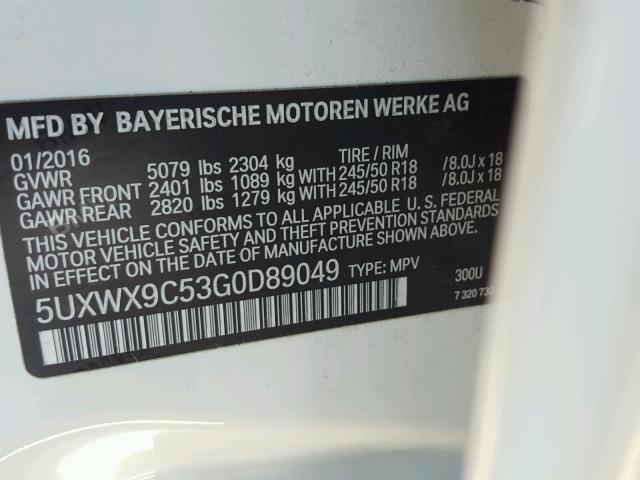 5UXWX9C53G0D89049 - 2016 BMW X3 XDRIVE2 WHITE photo 10