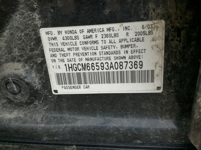 1HGCM66593A087369 - 2003 HONDA ACCORD EX BLACK photo 10