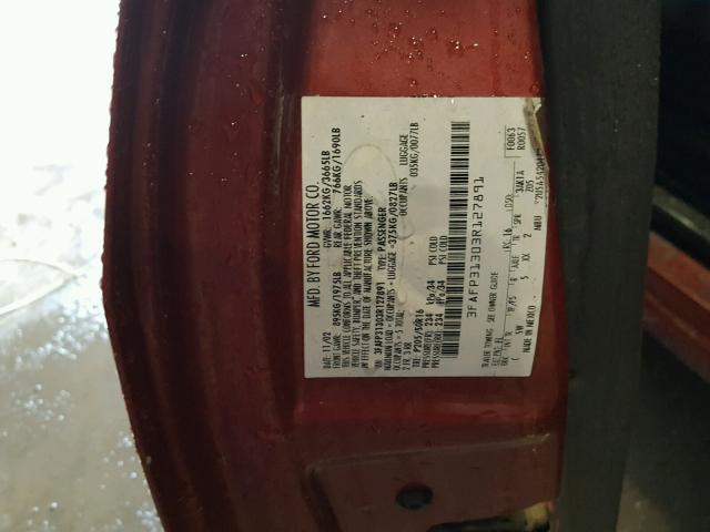 3FAFP31303R127891 - 2003 FORD FOCUS ZX3 RED photo 10