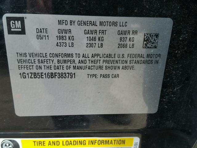 1G1ZB5E16BF383791 - 2011 CHEVROLET MALIBU LS შავი ფოტო 10