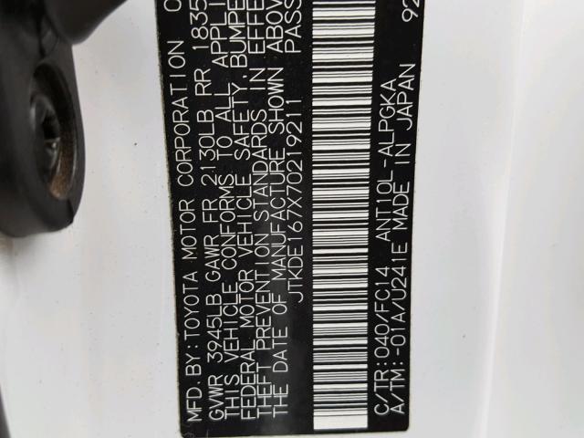 JTKDE167X70219211 - 2007 TOYOTA SCION TC 白色 照片 10