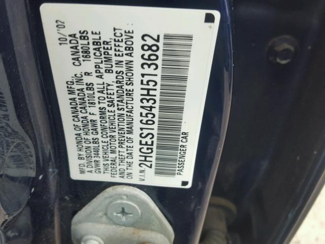 2HGES16543H513682 - 2003 HONDA CIVIC LX BLUE photo 10