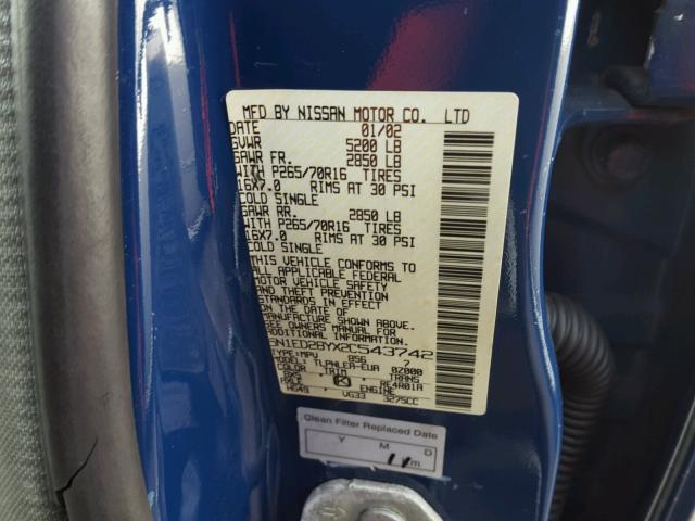 5N1ED28YX2C543742 - 2002 NISSAN XTERRA XE BLUE photo 10