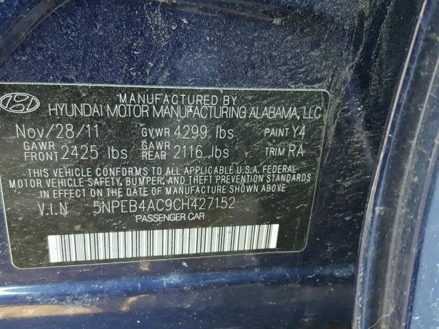 5NPEB4AC9CH427152 - 2012 HYUNDAI SONATA GLS BLUE photo 10