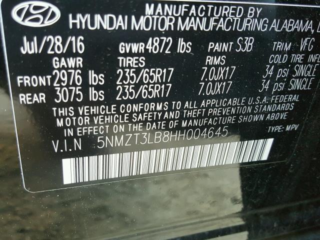 5NMZT3LB8HH004645 - 2017 HYUNDAI SANTA FE S BLACK photo 10