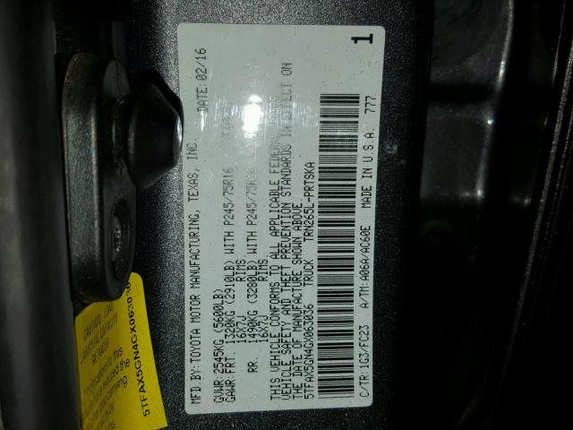 5TFAX5GN4GX063036 - 2016 TOYOTA TACOMA DOU GRAY photo 10