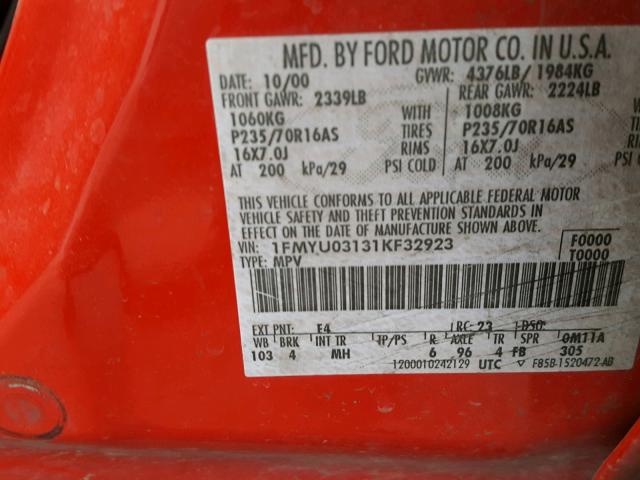 1FMYU03131KF32923 - 2001 FORD ESCAPE XLT RED photo 10