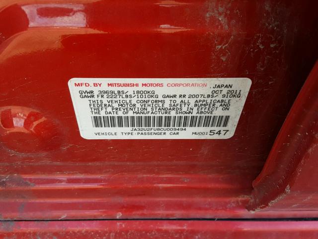 JA32U2FU8CU009494 - 2012 MITSUBISHI LANCER ES/ RED photo 10