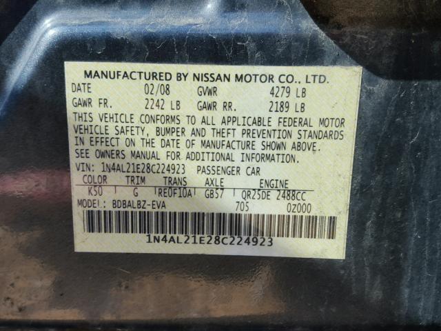 1N4AL21E28C224923 - 2008 NISSAN ALTIMA 2.5 CHARCOAL photo 10