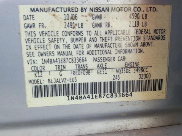 1N4BA41E87C833664 - 2007 NISSAN MAXIMA SE SILVER photo 10