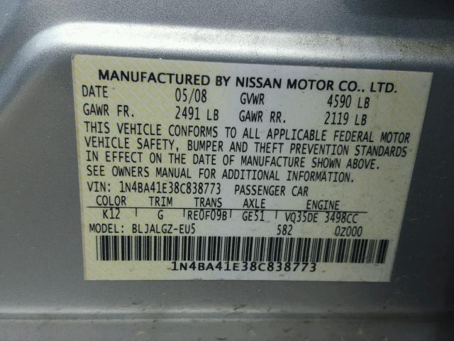 1N4BA41E38C838773 - 2008 NISSAN MAXIMA SE SILVER photo 10