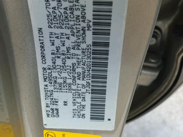 JTJGF10U420130255 - 2002 LEXUS RX 300 GOLD photo 10