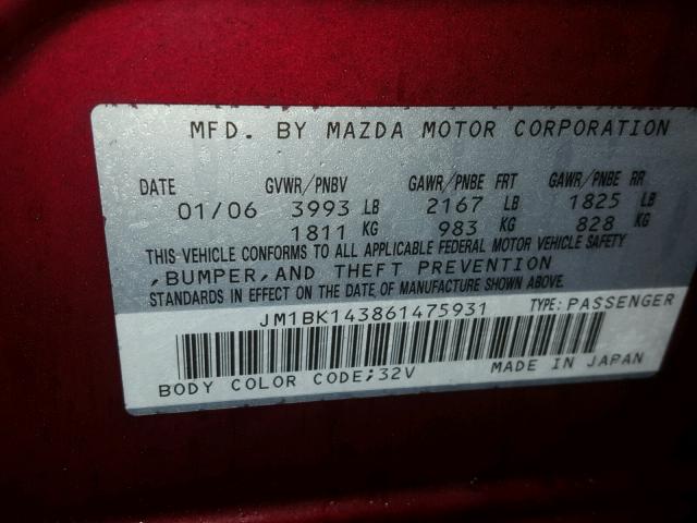 JM1BK143861475931 - 2006 MAZDA 3 HATCHBAC BURGUNDY photo 10