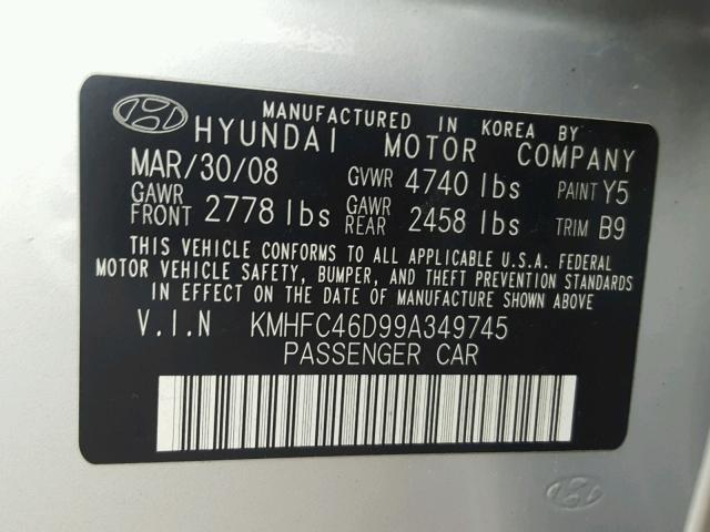 KMHFC46D99A349745 - 2009 HYUNDAI AZERA GLS SILVER photo 10