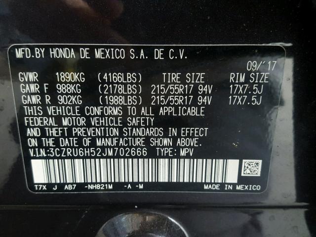 3CZRU6H52JM702666 - 2018 HONDA HR-V EX BLACK photo 10
