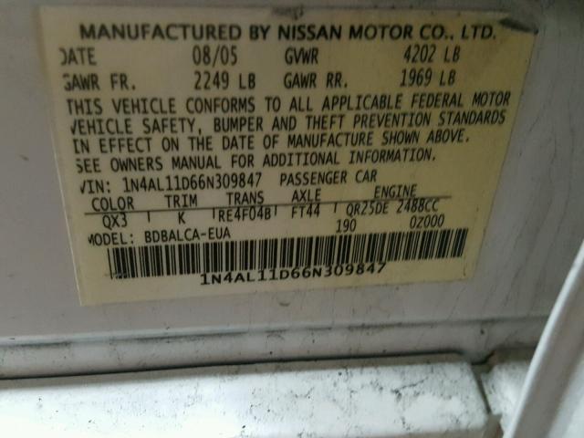 1N4AL11D66N309847 - 2006 NISSAN ALTIMA S WHITE photo 10