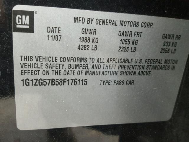 1G1ZG57B58F176115 - 2008 CHEVROLET MALIBU LS შავი ფოტო 10