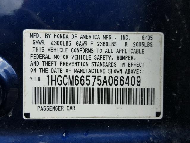 1HGCM66575A066409 - 2005 HONDA ACCORD EX BLUE photo 10