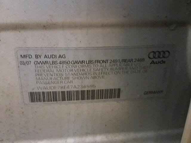 WAUDF78E47A236595 - 2007 AUDI A4 2.0T QU SILVER photo 10