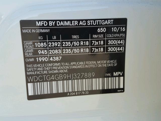 WDCTG4GB9HJ327889 - 2017 MERCEDES-BENZ GLA 250 4M WHITE photo 10