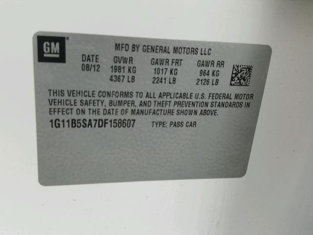 1G11B5SA7DF158607 - 2013 CHEVROLET MALIBU LS თეთრი ფოტო 10