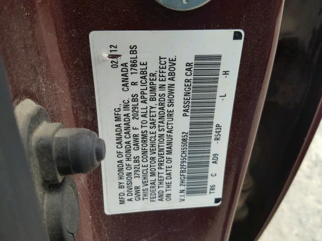 2HGFB2F95CH550852 - 2012 HONDA CIVIC EXL MAROON photo 10