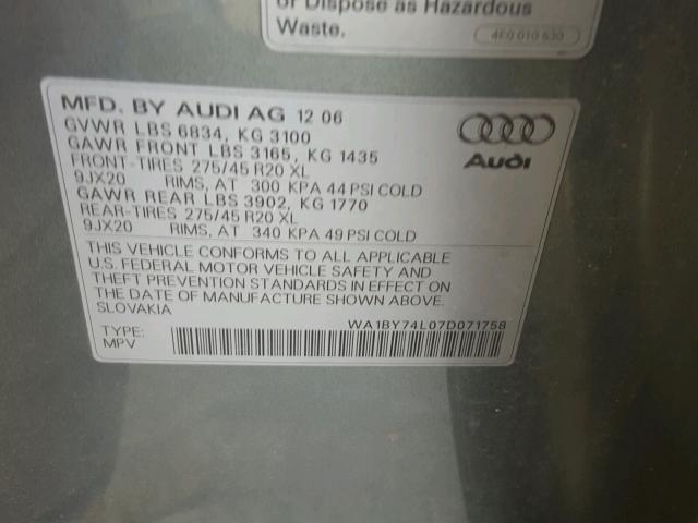 WA1BY74L07D071758 - 2007 AUDI Q7 3.6 QUA GRAY photo 10