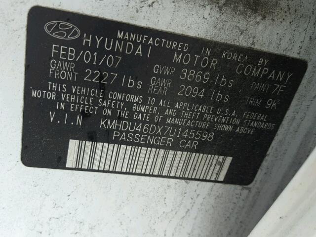 KMHDU46DX7U145598 - 2007 HYUNDAI ELANTRA GL WHITE photo 10