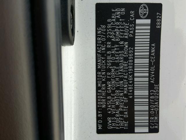 4T4BE46K19R089692 - 2009 TOYOTA CAMRY BASE WHITE photo 10