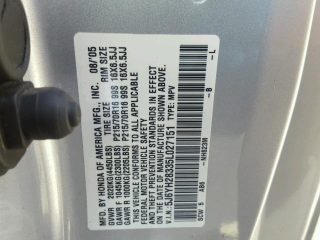 5J6YH28335L027151 - 2005 HONDA ELEMENT LX SILVER photo 10