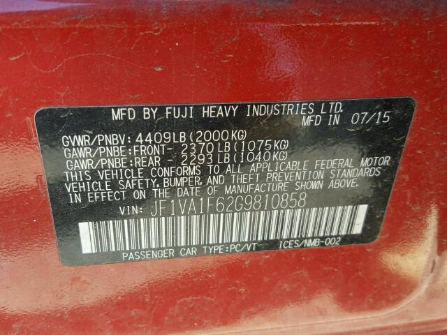 JF1VA1F62G9810858 - 2016 SUBARU WRX PREMIU RED photo 10