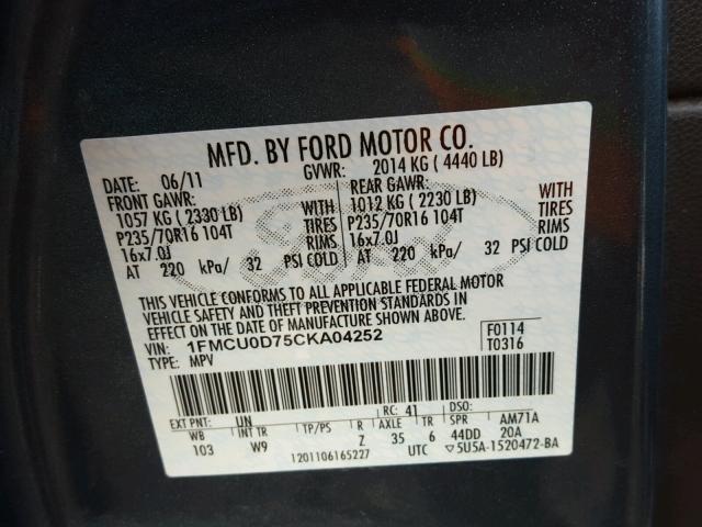 1FMCU0D75CKA04252 - 2012 FORD ESCAPE XLT BLUE photo 10