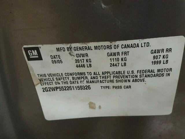 2G2WP552261159326 - 2006 PONTIAC GRAND PRIX TAN photo 10