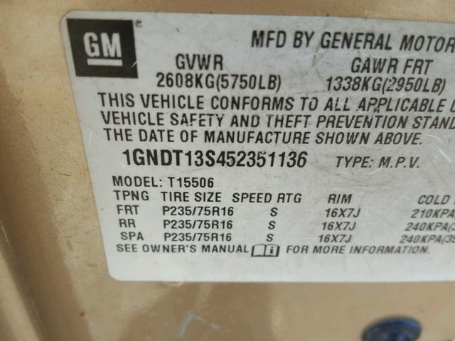 1GNDT13S452351136 - 2005 CHEVROLET TRAILBLAZE TAN photo 10