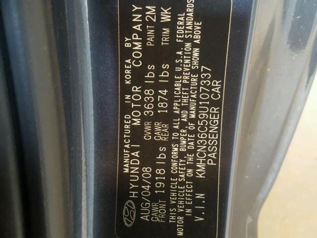 KMHCN36C59U107337 - 2009 HYUNDAI ACCENT SE CHARCOAL photo 10