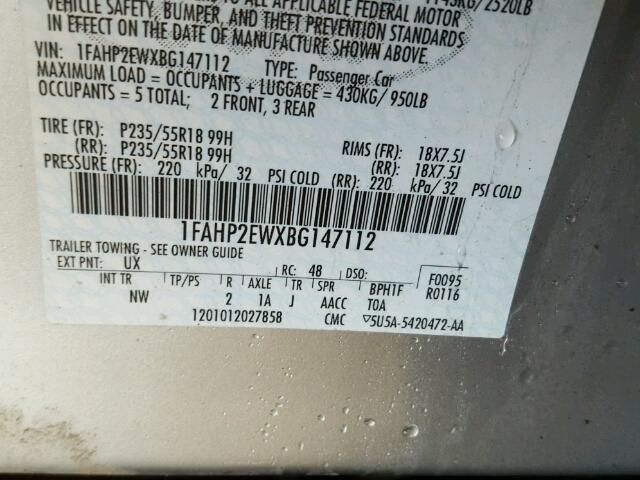 1FAHP2EWXBG147112 - 2011 FORD TAURUS SEL SILVER photo 10