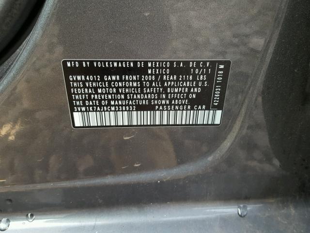 3VW1K7AJ9CM338932 - 2012 VOLKSWAGEN JETTA BASE 灰色 照片 10