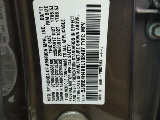 5J6RE4H4XBL108497 - 2011 HONDA CR-V SE GRAY photo 10