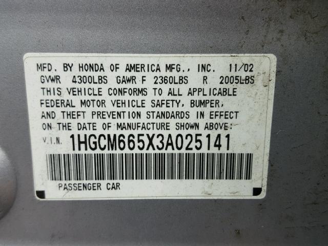 1HGCM665X3A025141 - 2003 HONDA ACCORD EX SILVER photo 10