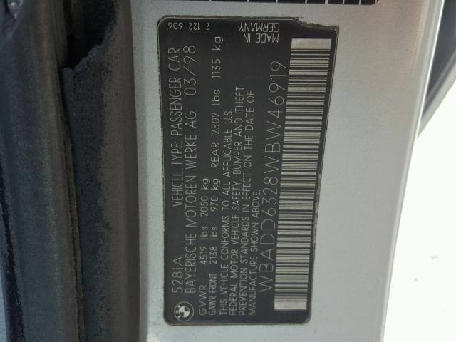 WBADD6328WBW46919 - 1998 BMW 528 I AUTO SILVER photo 10