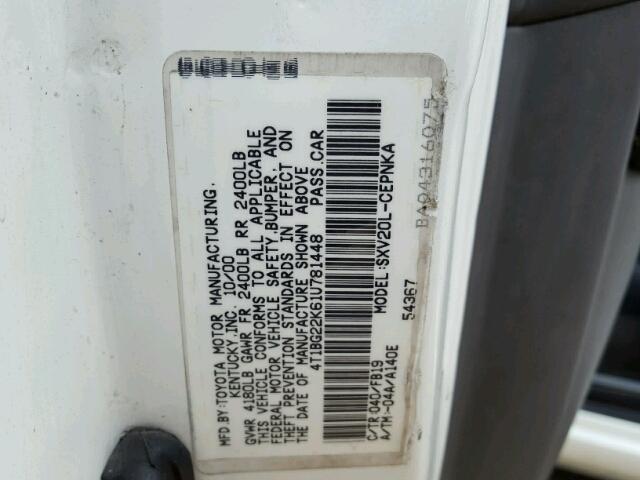 4T1BG22K61U781448 - 2001 TOYOTA CAMRY CE WHITE photo 10