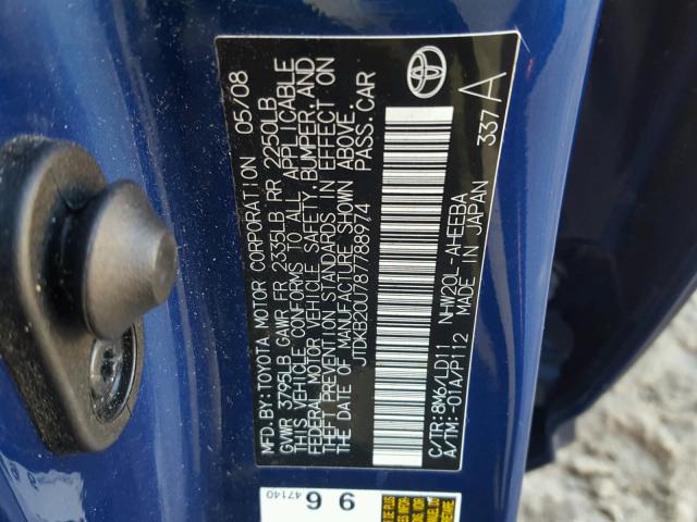 JTDKB20U787788974 - 2008 TOYOTA PRIUS BLUE photo 10