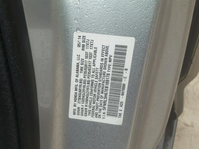 5FNRL5H67EB109178 - 2014 HONDA ODYSSEY EX SILVER photo 10