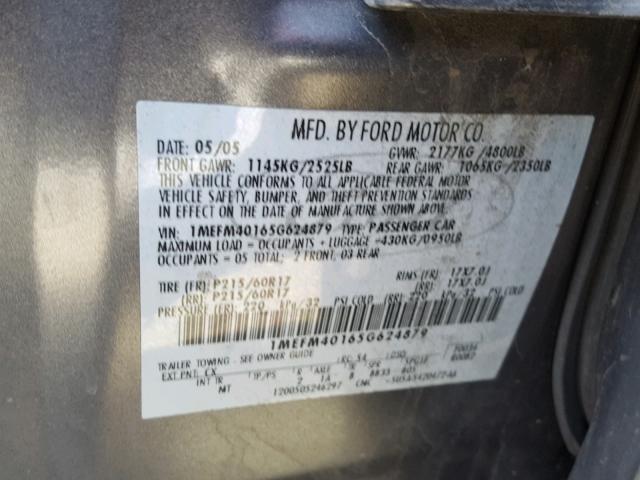 1MEFM40165G624879 - 2005 MERCURY MONTEGO LU GRAY photo 10