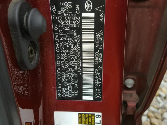 JTDKB20U940037636 - 2004 TOYOTA PRIUS BURGUNDY photo 10