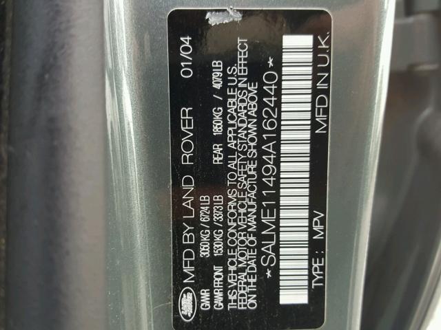 SALME11494A162440 - 2004 LAND ROVER RANGE ROVE GRAY photo 10