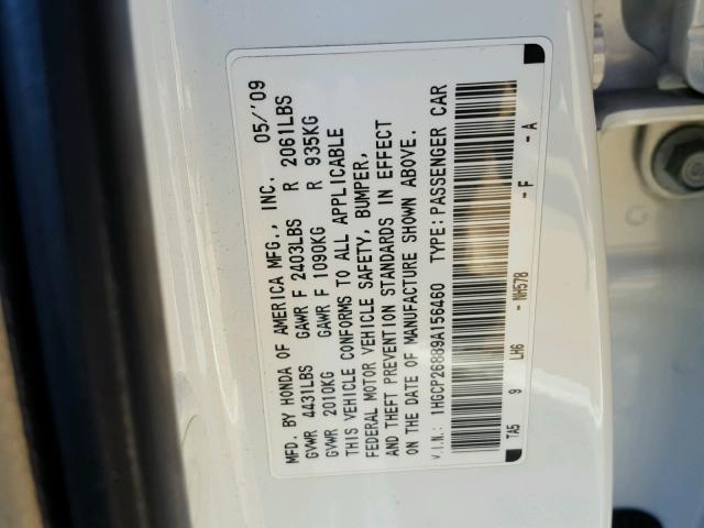 1HGCP26889A156460 - 2009 HONDA ACCORD EXL WHITE photo 10